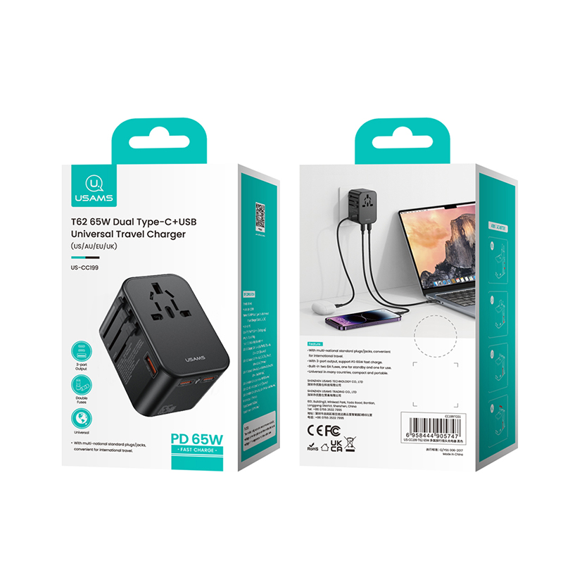 US-CC199 T62 65W Dual Type-C+USB Universal Travel Charger (US/AU/UK/EU)